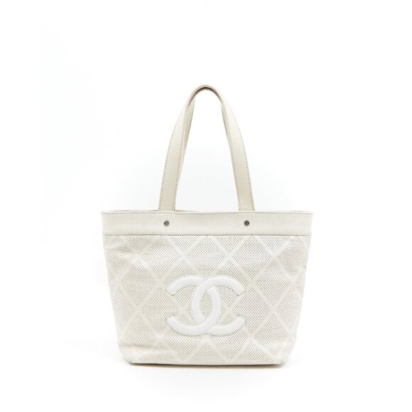 Vintage CHANEL Limited Edition Ivory Goatskin Perforated CC Tote - Picture 1 of 13